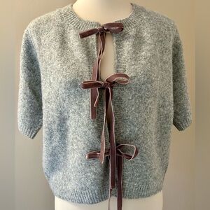 NWOT Cynthia Rowley Short-Sleeved Cardigan w. Velvet Tie Accents